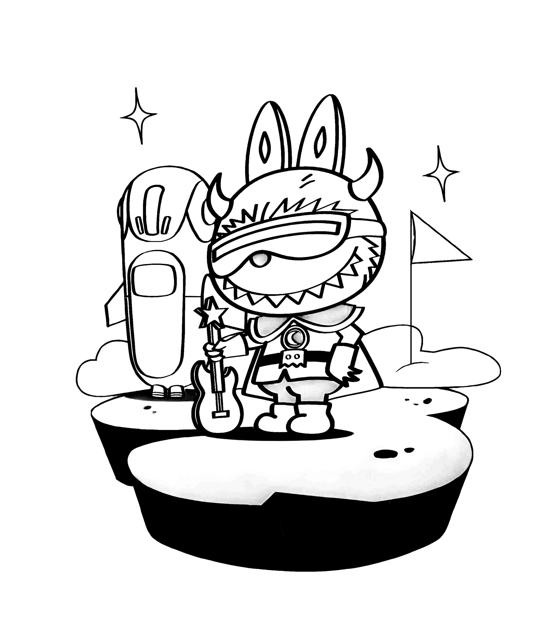 Cool Labubu with sunglasses, line art for coloring